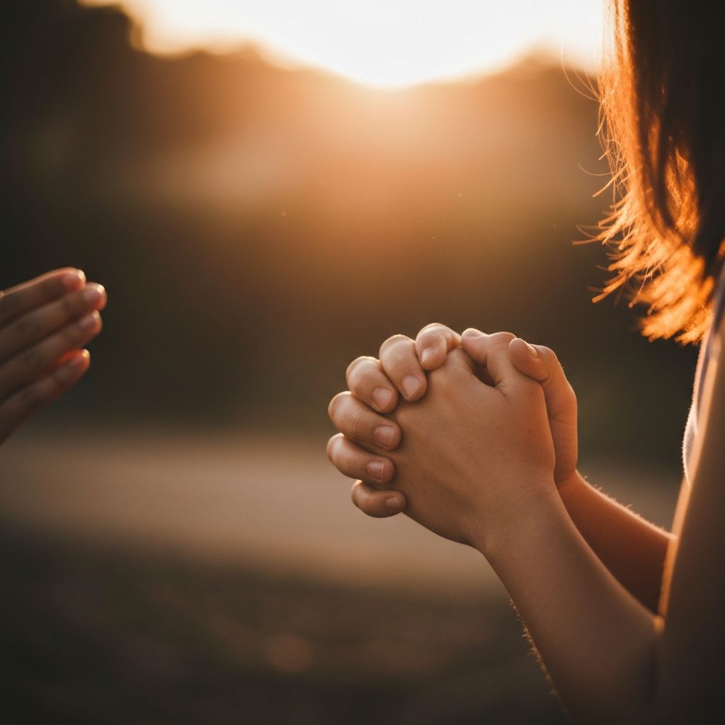 Mãos unidas em oração com luz dourada